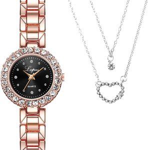 Rose Gold Watch + Necklace Ladies Gift Set